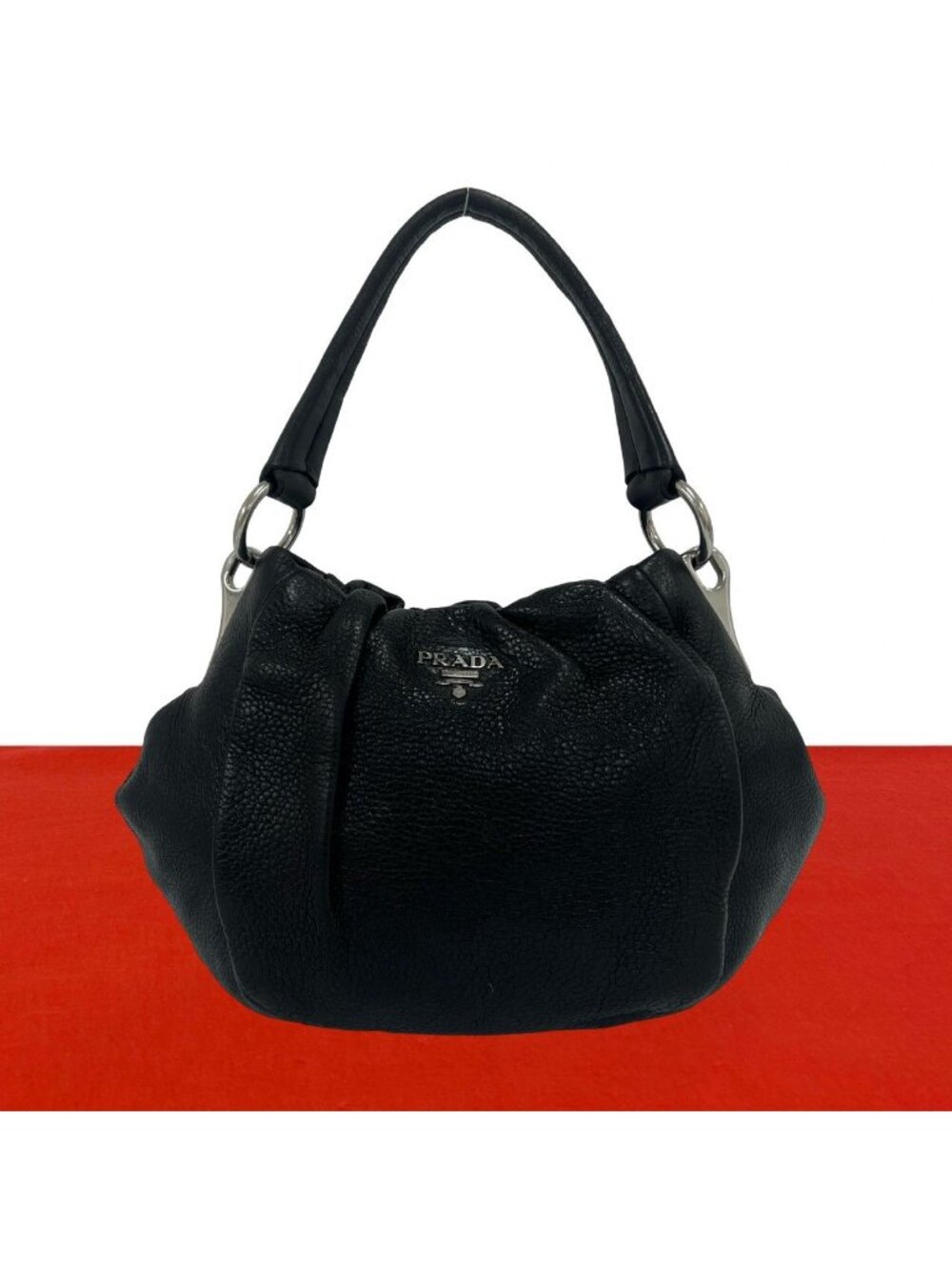 Prada Logo Vitello Daino Leather Shoulder Bag Tote Black